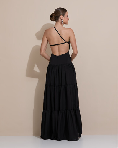 Foto Vestido de Festa Longo Um ombro Só Crepe Chiffon Saia Fluida Preto