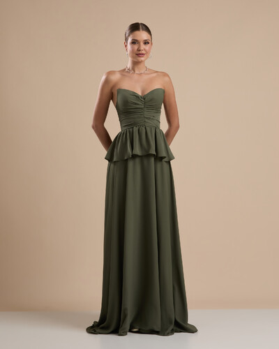 Foto Vestido de Festa Longo Crepe Chiffon Tomara que Caia Peplum Drapeado Verde Oliva