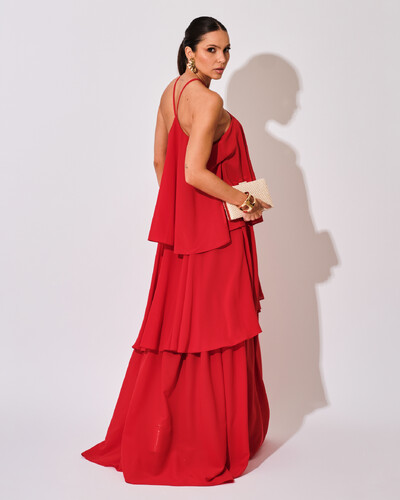 FotoVestido Longo Babado em Camadas Vermelho