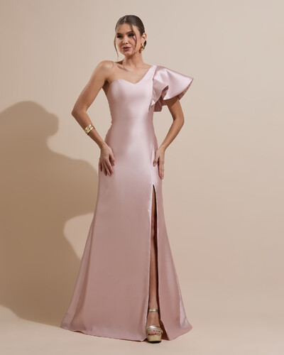 Foto Vestido de Festa Longo um Ombro Tomara que Caia Zibeline Rosa Nude
