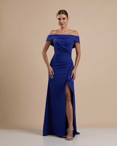 Foto Vestido de Festa Longo Ombro a Ombro com Fenda em Alfaiataria Azul Royal