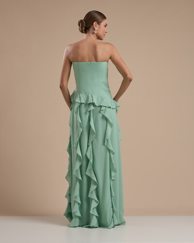 Foto Vestido de festa Longo Tomara que Caia Crepe Chiffon com Bababos Cascata e Fenda Verde Menta