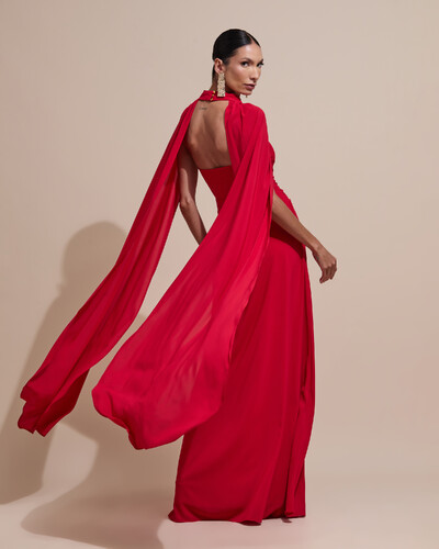 Foto Vestido de Festa Longo Tomara Que Caia Crepe Chiffon Drapeado Capa Vermelho