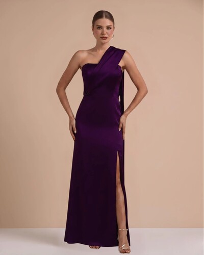 Foto Vestido de Festa Longo Cetim Alfaiataria Tomara que Caia com Faixa Lenço Roxo