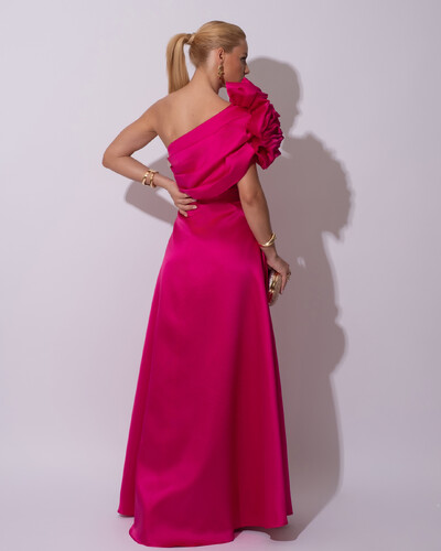 FotoVestido de Festa Longo Zibeline um Ombro Só Flor Drapeado Pink