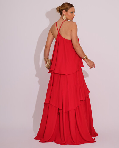 FotoVestido Longo Babado em Camadas Vermelho