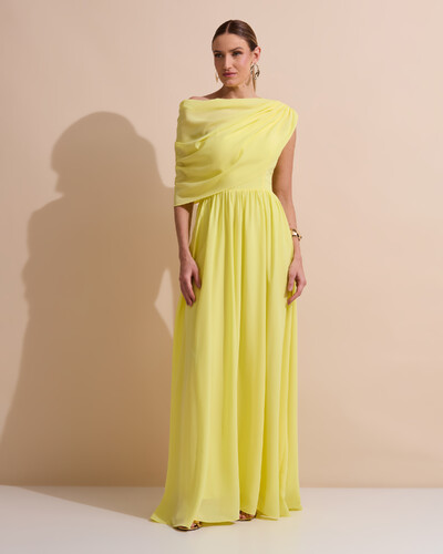 Foto Vestido de Festa Longo Um Ombro Só Crepe Chiffon Capa Drapeado Amarelo Manteiga