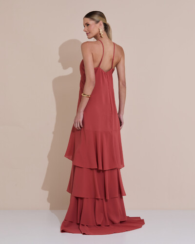 Foto Vestido Longo Crepe com Babado em Camadas Terracota