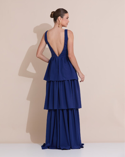 Foto Vestido de Festa Longo Decote V Crepe Chiffon Plissado Camadas Babado Azul Marinho