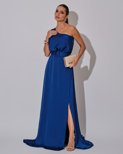 Foto Vestido Longo um Ombro com Busto Blousê e Fenda Azul Royal