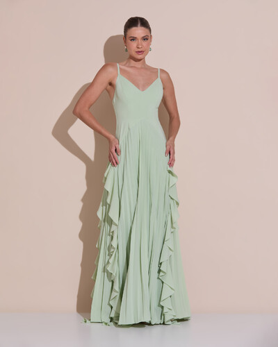 Foto Vestido de Festa Longo Crepe Chiffon Alça Fina Saia Plissada com Babado Cascata Verde Menta New