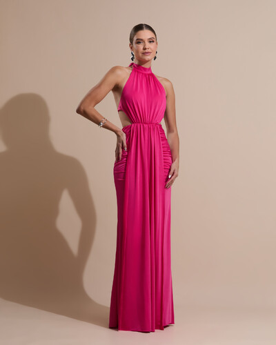 Foto Vestido de Festa Longo Malha Jersey Gola Alta Saia Sereia Pink New