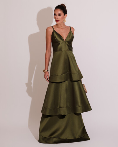 Foto Vestido de Festa Longo Zibeline em Camadas Decote em V com Alças Verde Oliva