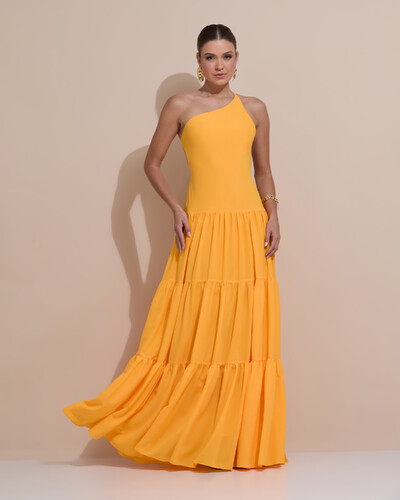 Foto Vestido de Festa Longo Um ombro Só Crepe Chiffon Saia Fluida Laranja Manga New