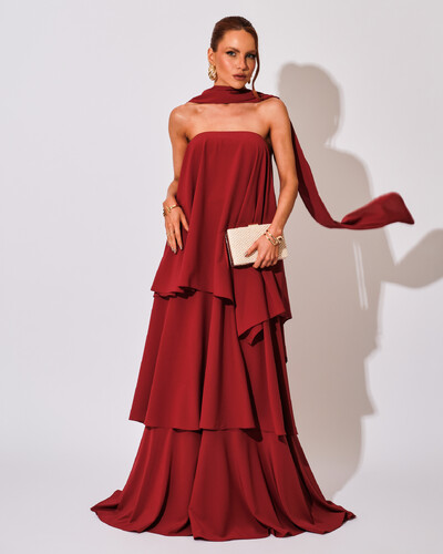 Foto Vestido de Festa Longo Chiffon Crepe em Camadas com Lenço Marsala