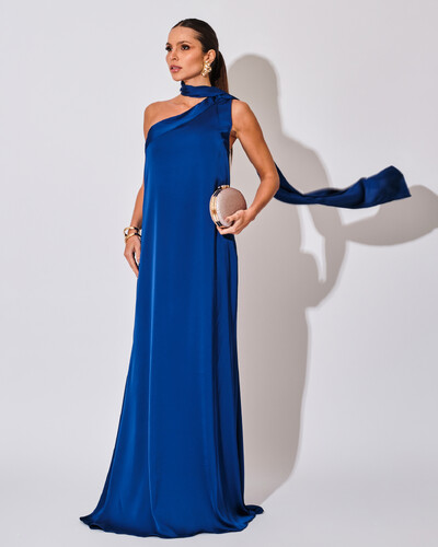 Foto Vestido de Festa Longo Cetim Fluido Um Ombro Só Lenço Fixo Azul Royal