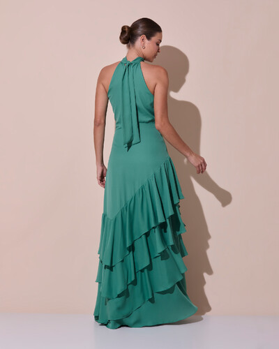 Foto Vestido de Festa Longo Chiffon Crepe Gola Alta Babados Verde Matcha Escuro