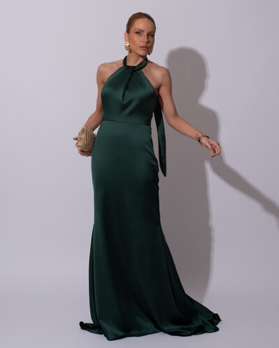 Foto Vestido de Festa Longo em Cetim Alfaiataria com Elastano Frente Única Verde Escuro