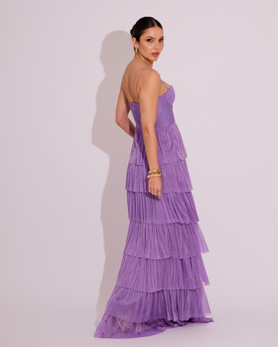 FotoVestido de Festa Longo Tule Glitter com Camadas Lilás