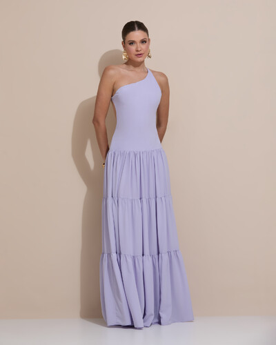 Foto Vestido de Festa Longo Um ombro Só Crepe Chiffon Saia Fluida Lilás Claro