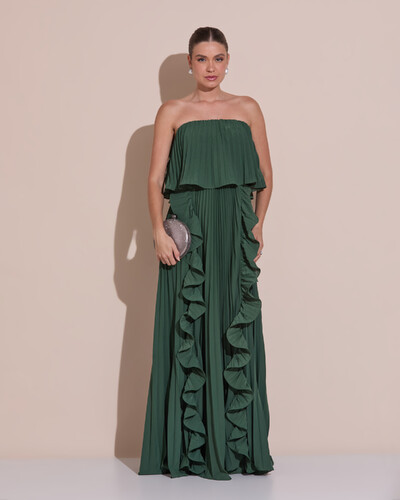 Foto Vestido de Festa Longo Crepe Chiffon Tomara que Caia Plissado com Babado Cascata Verde Escuro New