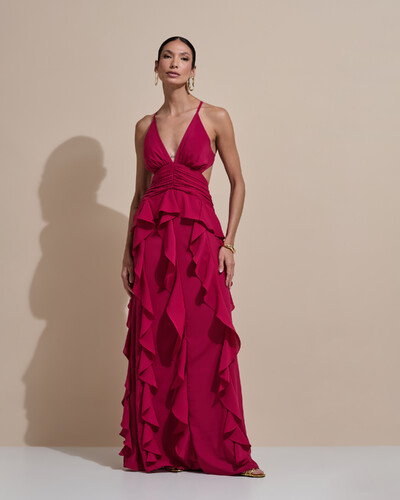 Foto Vestido de Festa Longo Decote V Recortes Drapeado Crepe Chiffon Babados Cascata Cereja