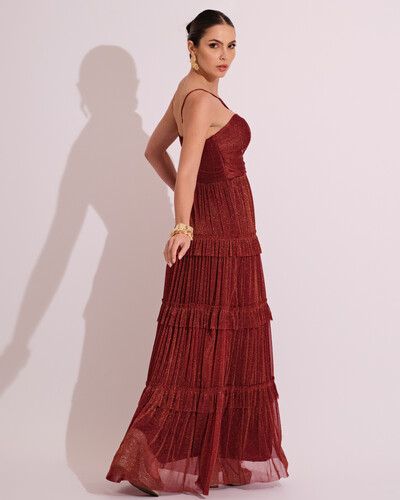 FotoVestido de Festa Longo Tule com Saia Babado Marsala