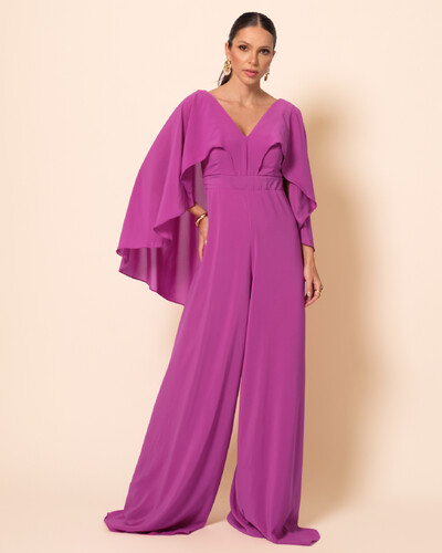 Foto Macacão de Festa Longo Crepe Chiffon com Capa Fúcsia