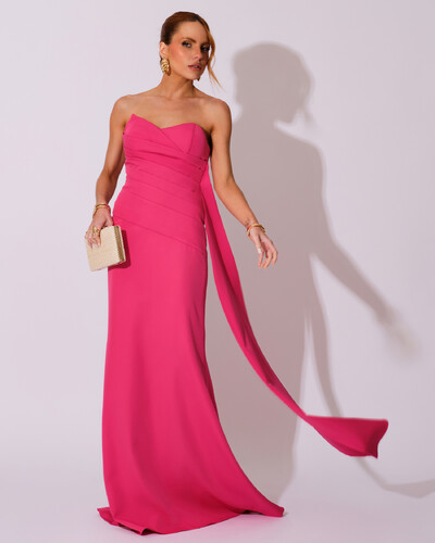 Foto Vestido de Festa Longo Alfaiataria Tomara que Caia Drapeado Faixa Pink