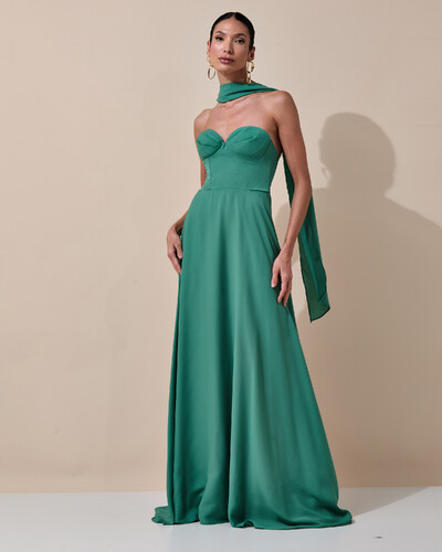 Foto Vestido de Festa Longo Tomara que Caia Crepe Chiffon Decote Coração Lenço Verde Matcha Escuro