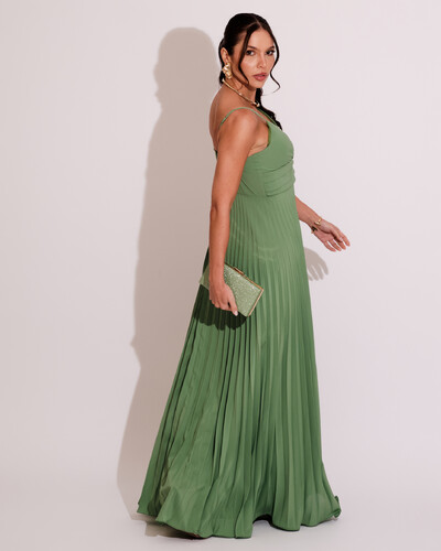 FotoVestido de Festa Longo Plissado Crepe Chiffon com Alça Verde Claro
