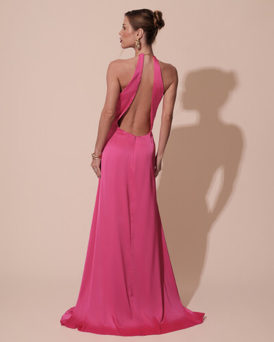 FotoVestido de Festa Longo Cetim Fluido com Argola Frente Única Pink New