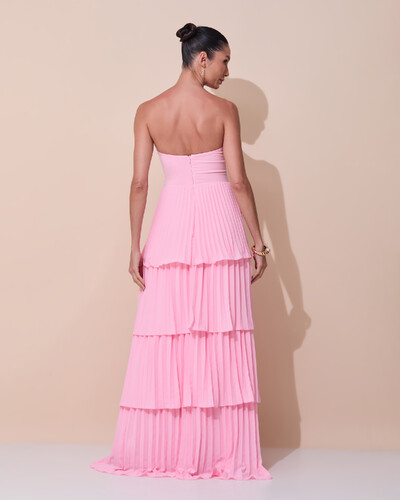 Foto Vestido de Festa Longo Tomara que Caia Crepe Chiffon Plissado Camadas Rosa Claro