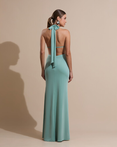 Foto Vestido de Festa Longo Malha Jersey Gola Alta Saia Sereia Verde Menta