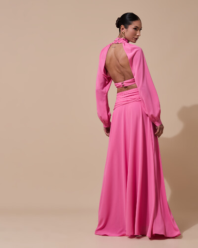 Foto Vestido de Festa Longo Gola Alta Crepe Chiffon Recortes Drapeado Manga Longa Fenda Rosa