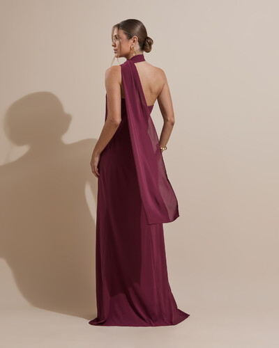 FotoVestido de Festa Longo Crepe Chiffon Um Ombro Só Drapeado Marsala