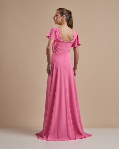 FotoVestido de Festa Longo Crepe Chiffon Manga Babado e Fenda Rosa