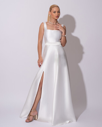 Foto Vestido de Festa Longo Zibeline com Fenda e Faixa Branco