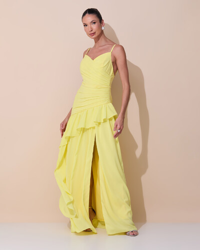 Foto Vestido de Festa Longo Decote Crepe Drapeado Chiffon Fenda Babado Camadas Amarelo Manteiga