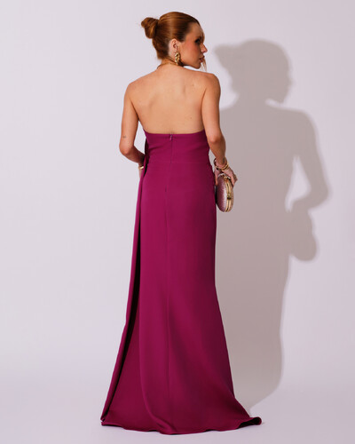 FotoVestido de Festa Longo Alfaiataria Tomara que Caia Drapeado Faixa Fúcsia Beterraba