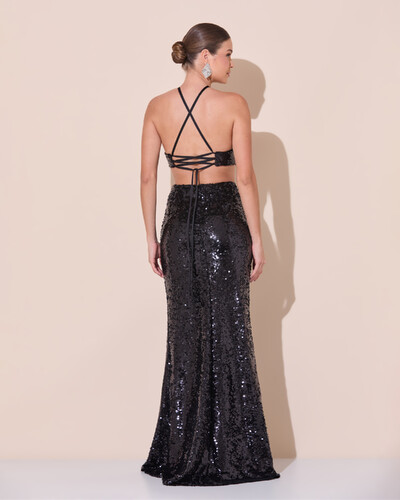 Foto Vestido de Festa Longo Frente Única Paetê Recortes Costas Trançada Preto