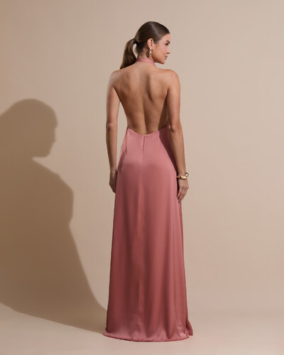 Foto Vestido de Festa Longo Frente Única Degagê Cetim Fluido Rosa Blush