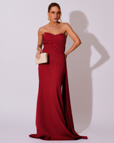 Foto Vestido de Festa Longo Alfaiataria Tomara que Caia Drapeado Faixa Marsala