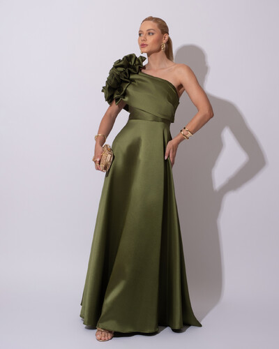 Foto Vestido de Festa Longo Zibeline um Ombro Só Flor Drapeado Verde Oliva