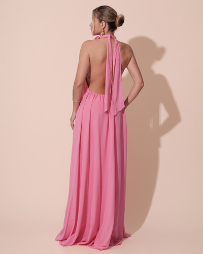 FotoVestido Longo Crepe Chiffon Frente Única Fluido Flor Removível Rosa
