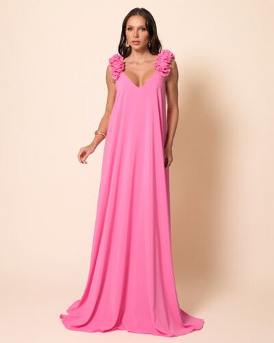 Foto Vestido de Festa Longo Crepe Chiffon Fluido Decote em V Flores Rosa