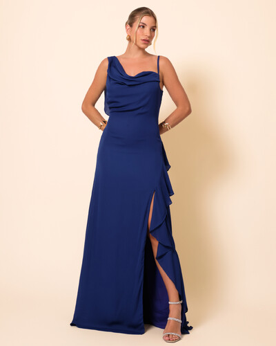 Foto Vestido de Festa Longo Crepe Chiffon Degagê com Fenda e Babado Cascata Azul Marinho