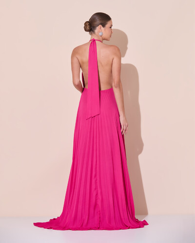 Foto Vestidos de Festa Longo Chiffon Fluido Frente Única Plissado Duplo Pink Escuro