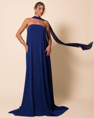 Foto Vestido de Festa Longo Crepe Tomara que Caia com Lenço Azul Marinho