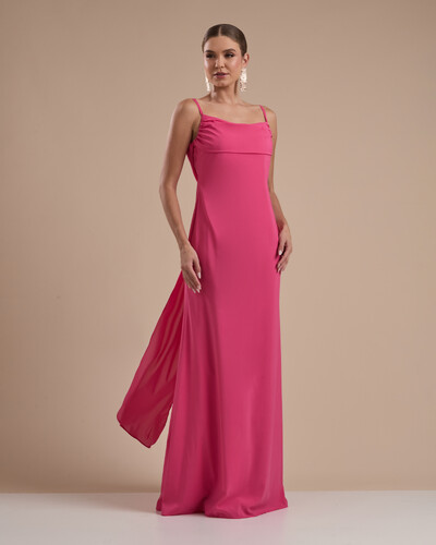 Foto Vestido de Festa Longo Crepe Chiffon Costas Lenço Cauda Pink